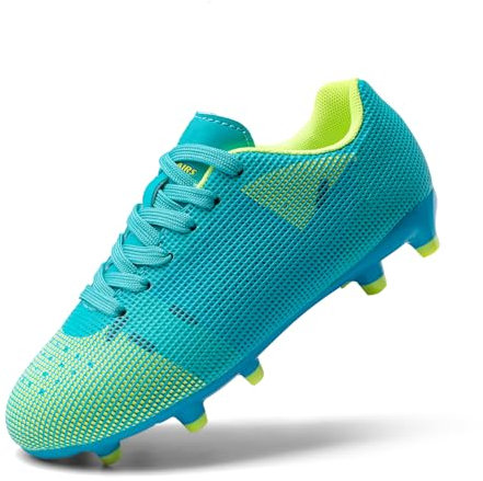 DREAM PAIRS Boys Girls Soccer Cleats Youth Firm Groud Athletic Outdoor Trainning Football Shoes for Little/Big Kid,Size 2 Big Kid,Blue/Neon Green,KKUMSO2508