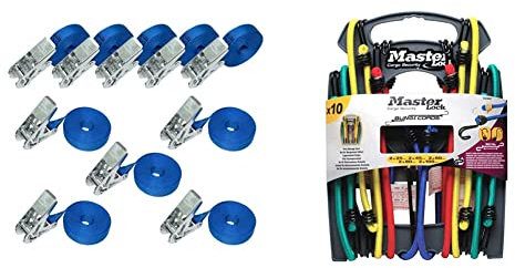 Amazon Basics Lot de 10 Sangles d’arrimage à cliquet, Longueur 6 m, largueur 25 mm, capacité d’arrimage 800 kg - Bleu & Master Lock 3043EURDAT Tendeurs avec Crochets [Pack de 10 Elastiques]
