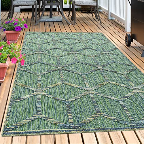 Carpetsale24 Outdoor Teppich Modern, Rauten Skandi Ethno Muster 3D Optik, Rechteckig, Grün Farbe, Hoch-Tief Effekt, Wetterfest, für Balkon, Garten, Terasse, Küche, Größe: 120 x 170 cm
