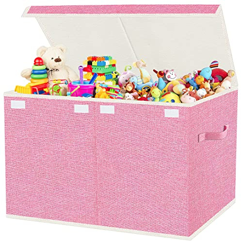 VERONLY Grande boîte de rangement pliable pour jouets avec couvercle et poignées – Coffre de rangement pour jouets, vêtements, couvertures (rose, chambre d'enfant, salle de jeux, chambre à coucher