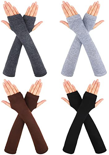 4 Paar Winter Lang Fingerlose Handschuhe Gestrickte Lang Fingerlose Armstulpen Lang Armwärmer Daumenloch (Stilvolle Farbe)