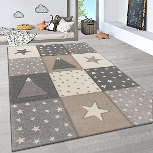 Paco Home Teppich Kinderzimmer Junge Mädchen Kinderteppich Spielteppich Kurzflor Regenbogen Modern 3D Pastell Sterne Berge Wolken, Grösse:80x150 cm, Farbe:Beige 4