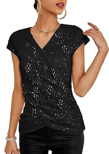 GRACE KARIN Damen Elegant Pailletten Top Glitzer Party Oberteil Festliche Blusen zur Hochzeit, Farbe: Schwarz, Größe: XL