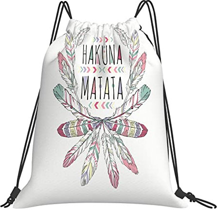 DELURA Wasserdicht Turnbeutel mit Kordelzug,Aztec Native American Hakuna Matata Schriftzug Grafik Sommerfeder, Kordelzug Rucksack Sportbeutel Sporttasche für Damen Herren