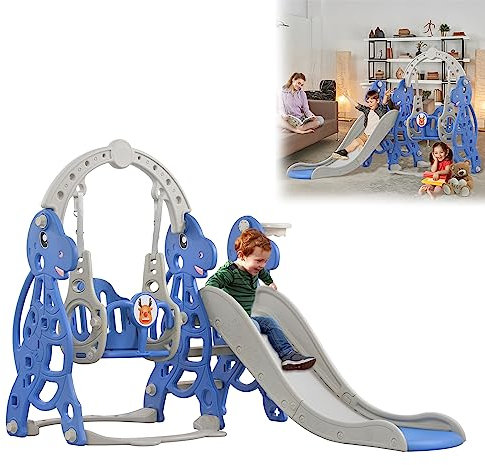 XMTECH Tobogán infantil 4 en 1 para interior y exterior, plegable, juego de juego para niños, columpio infantil, canasta de baloncesto, para jardín, tobogán para bebés, con columpio tipo B