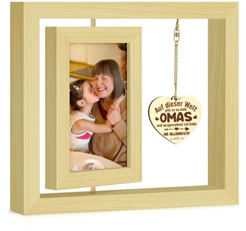 FHzytg Bilderrahmen 10x15cm Weihnachtsgeschenke für Oma, Holz Drehbare Fotorahmen mit Herz Anhänger, Personalisiert Doppelseitiger Fotorahmen Geburtstagsgeschenk, Erntedankfest Geschenk