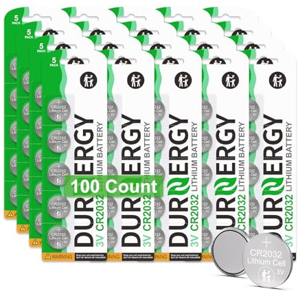 DURNERGY CR2032 Batteries 100 Pack, CR2032 Lithium 3V Coin Battery Long-Lasting & High Capacity Leak-Proof Low Self-Discharge for Calculators, Key fobs, Apple AirTag, Watch