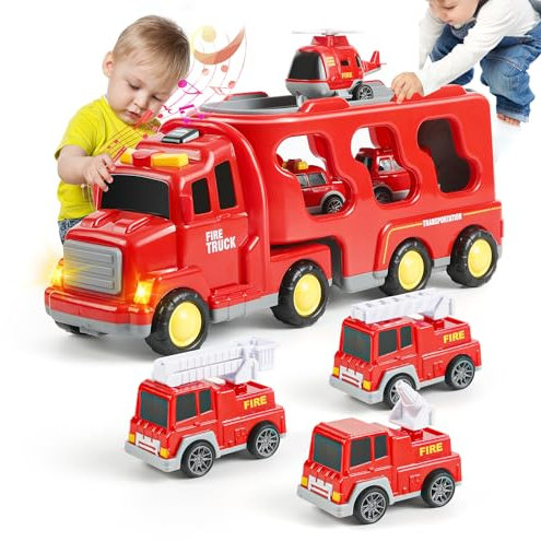 Weinsamkeit Spielzeug Auto ab 2 Jahren Feuerwehrauto Spielzeug für Kleinkinder 7 in 1 Kinder Transporter LKW mit Licht und Musik Weihnachten Geburtstagsgeschenke für Jungen Mädchen 2-5 Jahre