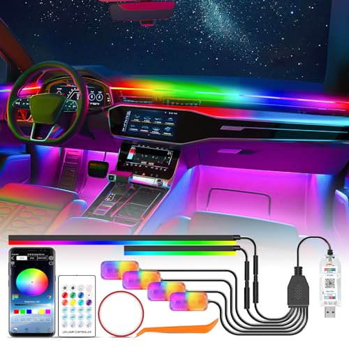 YAOBLUESEA Auto Innenbeleuchtung LED USB, RGBIC RGB 5V Regenbogen-Umgebungslichtern Atmosphärenlicht mit 4 Fußraumbeleuchtung, Steuerung per Fernbedienung USB APP, Ambientebeleuchtung Musik Strip