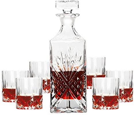 YOtat Vin Rouge Verre Cristal 7 Pièces Bouteille + Tasses Vin 800Ml Whisky Vodka Bière Bouteille Pot Cruche Maison Bar Fête