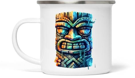 Vintage Tiki Weiße Emaille Tasse - 354 ml, langlebig und elegant, Ideal für Kaffee, Tee und heiße Getränke