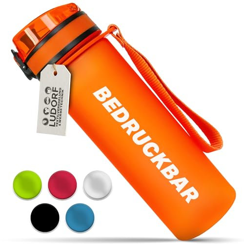 #teamludorf - MiniCAMPOS - 600ml Trinkflasche Orange – BPA-frei, auslaufsicher, personalisierbar – robuste Wasserflasche aus Tritan mit Weithals & Handschlaufe, für Schule, Fitness, Outdoor
