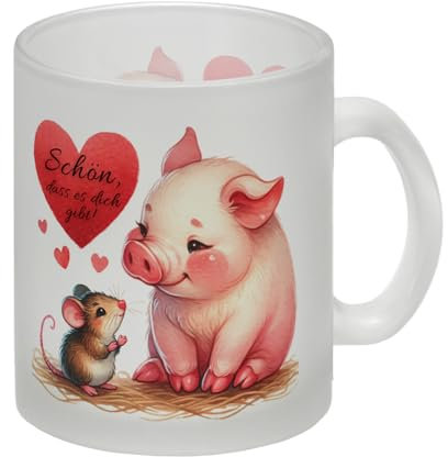 Schwein mit Maus und Herz Glas Tasse mit Spruch Schön dass es dich gibt Schön dass es dich gibt Freundliches Tier mit liebem Blick rotem Herz für kleine Momente