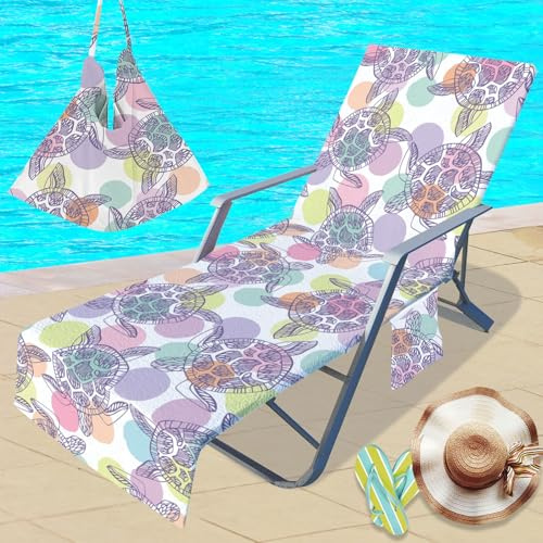 Treer Sonnenliege Auflage, Meeresschildkröten Gartenliege Abdeckung, Frottee Schonbezug Gartenstuhl mit 2 Taschen, für Schwimmbäder Strände Gartenhotels Liegenauflagen (75x210cm,lila)