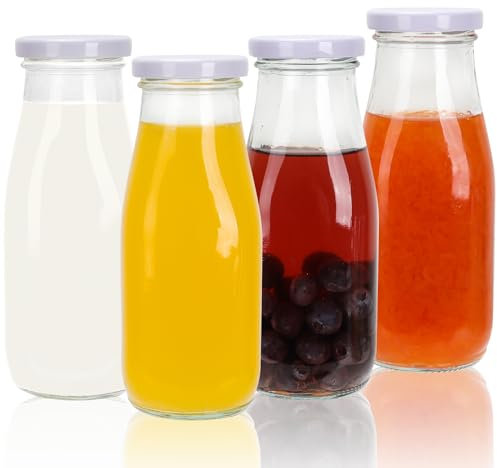 SHiZAK Paquete de 4 botellas de leche de vidrio transparente de 330 ml con tapas (plato). Botellas de vidrio para jugo, agua, miel, tarros vintage con etiquetas y bolígrafo