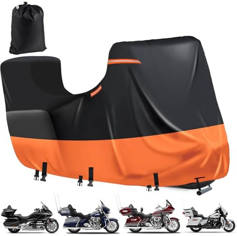Abdeckplane Motorrad mit Side+Top Box,600D Motorrad Plane Wasserdicht,5 Reflektierende Streifen für Harley Davidson Touring Modelle,Motorradabdeckung Outdoor,UV-Schutz (300x111x142cm,Schwarz-Orange)