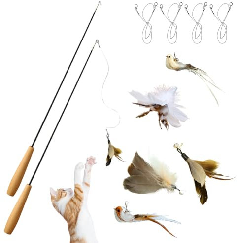 RANJIMA Katzen Spielzeug, 2 Stück Katzenspielzeug mit 2 Vogel und 3 Federn, Interaktives Katzenangel Katze Spielzeug Katzenspielzeug-Stab für Katzenbeschäftigung, Katzen Spielzeug für Kitten, 97CM