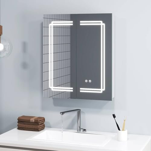 RELAX4LIFE 600x700mm Bathroom Mirror Cabinet with LED Lights, Illuminated Wall Mounted Bathroom Cabinets with Shaver Socket, Demister, Adjustable Shelves & Touch Sensor, Double Door Medicine Cabinet