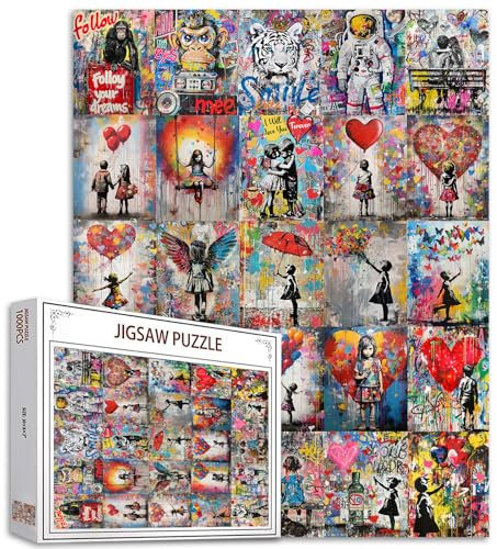 Tucocoo Graffiti-Street-Kunst-Puzzle, 1000 Teile, unmögliche Puzzles für Erwachsene, buntes Banksy-Mädchen-Collage, Artwrok-Puzzles für anspruchsvolle Familienaktivitäten, DIY-Puzzle für