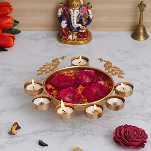 Deyvom Diya-Form, Blume, dekorative Urli-Schale für Zuhause, handgefertigte Schale für schwimmende Blumen und Teelichter, Heimtisch, Diwali-Dekoration, magnetischer Stahl, Gold, 22,9 cm, Pfau