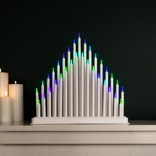 Marco Paul Christmas Candle Bridge with 33 Pipe Faux Candles Traditional Christmas Arch Light Up Decoration Festive Décor Table Centrepiece Window Ornament (White (multicoloured Lights))