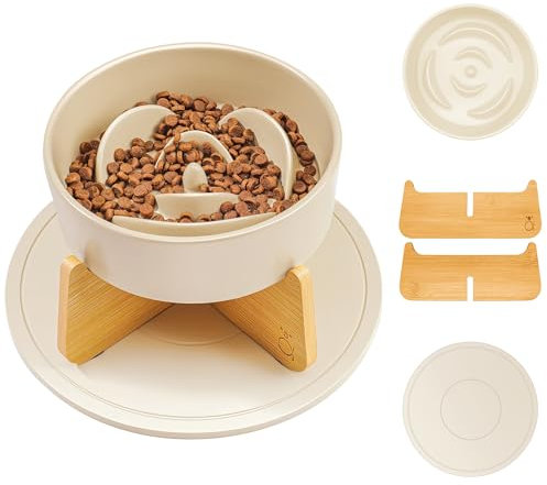 KOALOS® Comedero Lento de Cerámica con Soporte Elevado de Bambú para Mascotas – Comedero Antivoracidad Perro – Cuenco Individual antiglotón para Gato o Perros pequeños y medianos. (+Incluye Tapete)