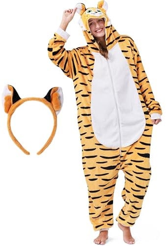 corimori Flauschiges Tiger-Kostüm für Erwachsene mit Haarreif | Karneval Kostüm Onesie für Damen, Herren | Körpergröße 170-180cm