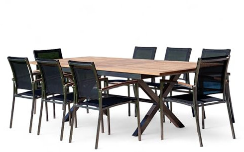 ALEOS. Gartengarnitur Edelstahl Teak Set: Ausziehtisch 200-260x100 cm + 8 Sessel stapelbar Edelstahl Teak Gewebe schwarz Sitzgruppe A-Grade Teak Holz - Gartenmöbel Set 8 Personen Gastronomie Qualität