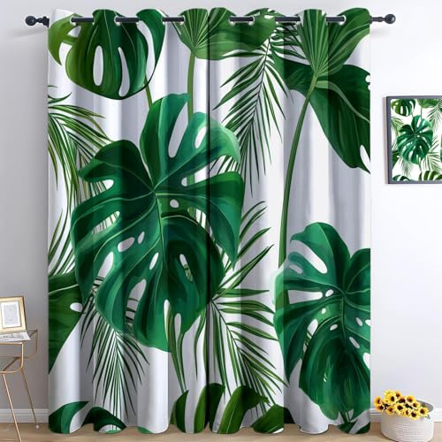 Aquarellmalerei Monstera Palmen Vorhänge 3D Drucken Wohnzimmer Gardinen Verdunkelungsvorhänge 2er Set, Vorhang Blickdicht Wärmeisolierend Gardine mit Ösen Schlafzimmer Deko 2 x H260 x B140 cm