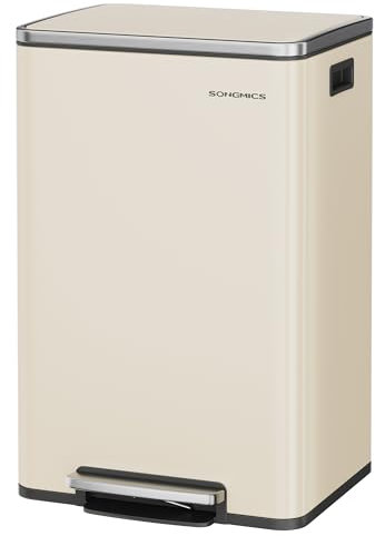 SONGMICS Cubo de Basura 50 L, con 15 Bolsas de Basura, Acero, Bolsa de Plástico Extraíble, con Tapa, Asas, Cierre Suave, Crema LTB595A02