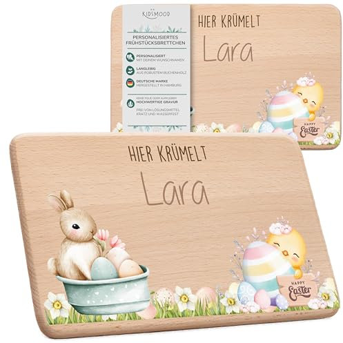 KIDSMOOD - Personalisiertes Oster-Frühstücksbrettchen mit Namen – Hier Krümelt Brettchen mit Gravur – Individuelles Ostergeschenk für Kinder & Babys – Holzbrettchen für Osterfrühstück & Osterdeko