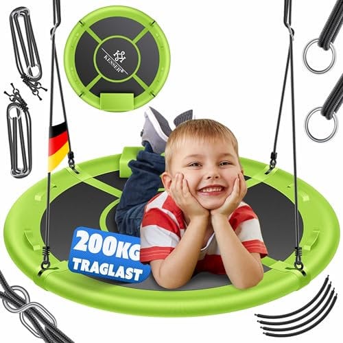 KESSER® Nestschaukel Tellerschaukel Hängeschaukel Rundschaukel Ø 60cm Schaukel bis 200kg belastbar mit Kissen & 4 Griffen verstellbar Kinderschaukel Indoor & Outdoor für Kinder & Erwachsene Grün