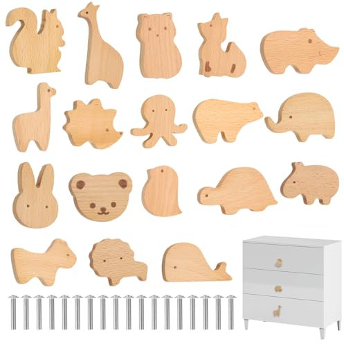 LOEPENLE 18 PCS Schrankknöpfe Holz fur Kinderzimmer,Tier Schubladengriff,Möbelknöpfe Tierformen,Holz-Kommodenknöpfe mit Schrauben,Holzknäufe mit Tiermotiven,Knauf Für Schränke Tier,Holzknöpfe Schrank