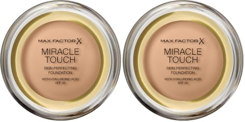 Max Factor Miracle Touch Foundation in der Farbe 60 Sand – Intensives, pudriges Make-up für ein makelloses Hautbild – Mit Lichtschutzfaktor 30 (Packung mit 2)