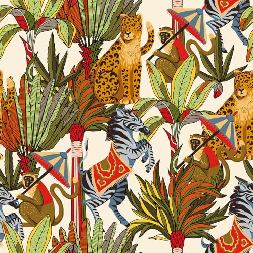 ReWallpaper Self Adhesive Wallpaper Animal Colorful Patterned Vinyl Wrap for Wardrobes Drawers 44.5CMx3M Safari Contact Paper Green Red Tropical Wallpaper for Kids Bedroom Monkeys Zebras Cheetahs