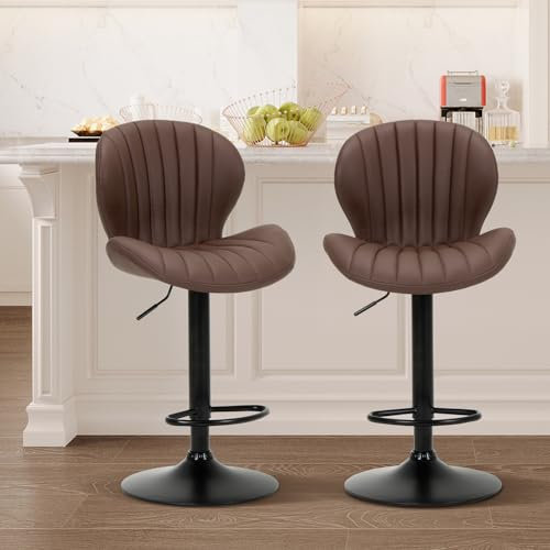 COLAMY Barhocker 2er Set, 360° Drehbarer Höhenverstellbarer Barstühle, Moderne Kücheninsel Barstools mit Rückenlehne, PU-Kunstleder Barstühle – Geeignet für Küche, Bar, Esszimmer, Büro, Braun