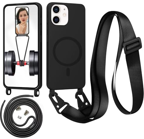 Beajew Handykette für iPhone 11 Hülle mit Band [Kompatibel mit Magsafe] Flüssig Silikon Necklace Handyhülle Magnetische Schutzhülle zum Umhängen Kordel für iPhone 11, Schwarz