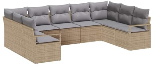 vidaXL 9-teiliges Gartensofa-Set mit Kissen in Beige aus Poly Rattan, 4-Sitzer für den Außenbereich. Mit verstellbaren Füßen und wetterbeständigen, gepolsterten Relax-Möbeln für die Terrasse.