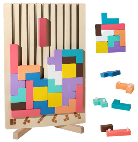 Mineup Holzpuzzle 3D Tetris, Tangram Holzpuzzle, Holzpuzzle Knobelspiele Kinder mit 42 Steinen &10 Herausforderungskarten, Montessori Spielzeug ab 3 4 5 Jahre,Lernspielzeug Geschenk für Jungen Mädchen