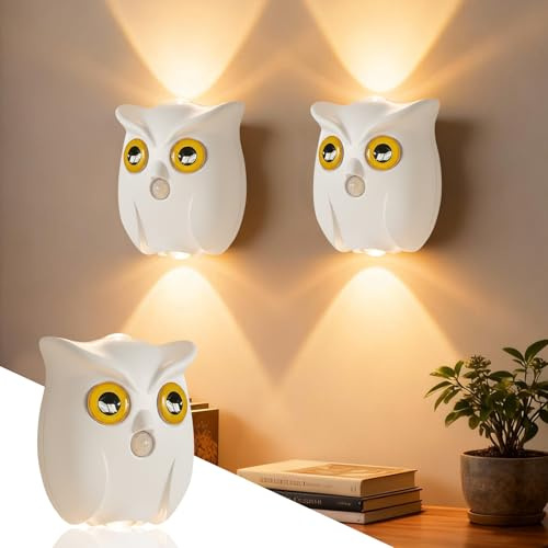 LED Wandleuchte Innen mit Bewegungsmelder Akku Aufladbar, 1 Stk USB Wandlampe Innen, Dimmbares Nachtlicht Bewegungslicht Magnetisch, 3 Modi Eule Bewegungsmelder Licht Wandleuchten Treppenlicht (A)