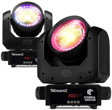 BeamZ Cobra Wash100 Moving Head LED 100W – 2er Set – Wash & Beam Bühnenbeleuchtung mit RGB LED-Ring, CW/WW Kaltweiß Warmweiß, 19 DMX Kanäle, Musiksteuerung, DJ Disco Party Lichteffekt Bühnenlicht