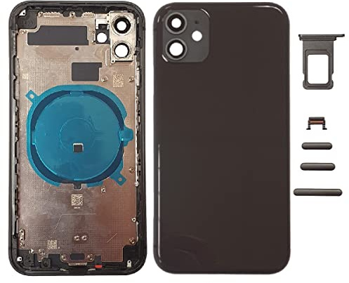 DHLK® Chasis Tapa Carcasa Trasera en Vidrio Compatible con iPhone 11 SIN Logo, SIN COMPONENTES PREINSTALADOS Frame,Botones y Pegatina de batería (Negro)