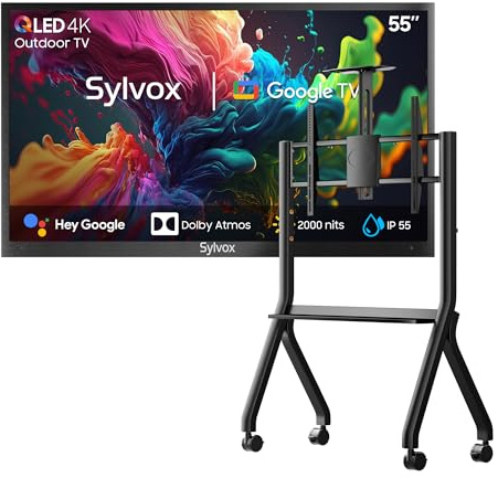 SYLVOX 55 Zoll Outdoor TV mit Ständer, 4K UHD QLED Google Outdoor Fernseher, 2000 Nits, Sprachassistent, Dolby Atmos, IP55 Wasserdicht TV für Garten, Terrasse, Pool &Gewerberäume(Pool Pro 2.0 QLED)