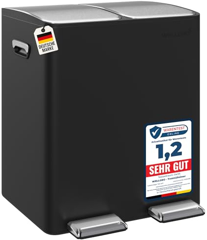WELLGRO Mülleimer Küche 30 Liter – Edelstahl Treteimer 2x15 Liter schwarz mit Softclose-Deckel, Mülltrennsystem mit 2 Fächern und Kunststoff-Inneneimern