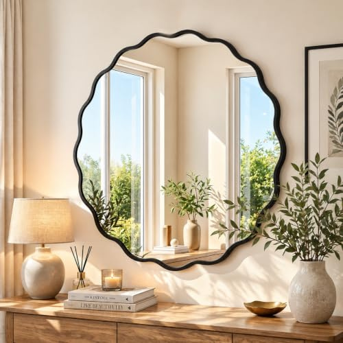 Clevich Wavy Edge Wall Mirror 80cm, Round Bathroom Mirror with Explosion-Proof Tempered Mirror,Textured Aluminum Frame, be Hung or Leaned against the Wall for Living Room/Bedroom/Hallway (Black)