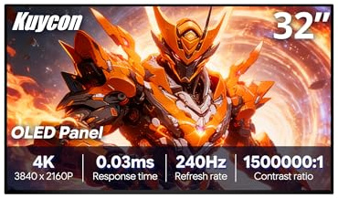 Kuycon Q32S 31.5'' 4K Monitor 3840x2160, A nido d'ape senza supporto | 3840x2160, 240Hz, 0.03ms, 10 bit 1.07B colori, USB-C 100W ricarica rapida, altoparlanti integrati