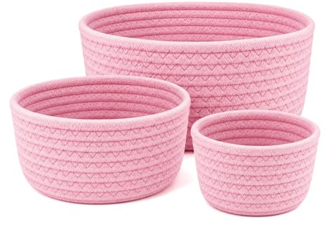 3 Stück Aufbewahrungskorb Geflochten, Baumwollseil Körbe Aufbewahrung | Stapelbare Körbchen Badezimmer Korb Aufbewahrung Rund Aufbewahrungskörbe für Bad Küche Kinderzimmer (Rosa)