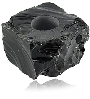 Budawi® handgefertigter Schwarzer Obsidian Teelichthalter Rohstein Kerzenhalter aus Obsidian Edelstein