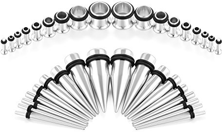 VCMART 14G-00G 36pcs Tapers and Tunnels Ear Gauge Stretching Kit Surgical Stainless Steel