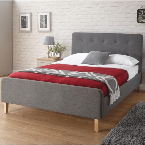 Home Source - Modern High Headboard Buttoned Grey Fabric Light Oak Effect Leg Double 4ft 6 Bed